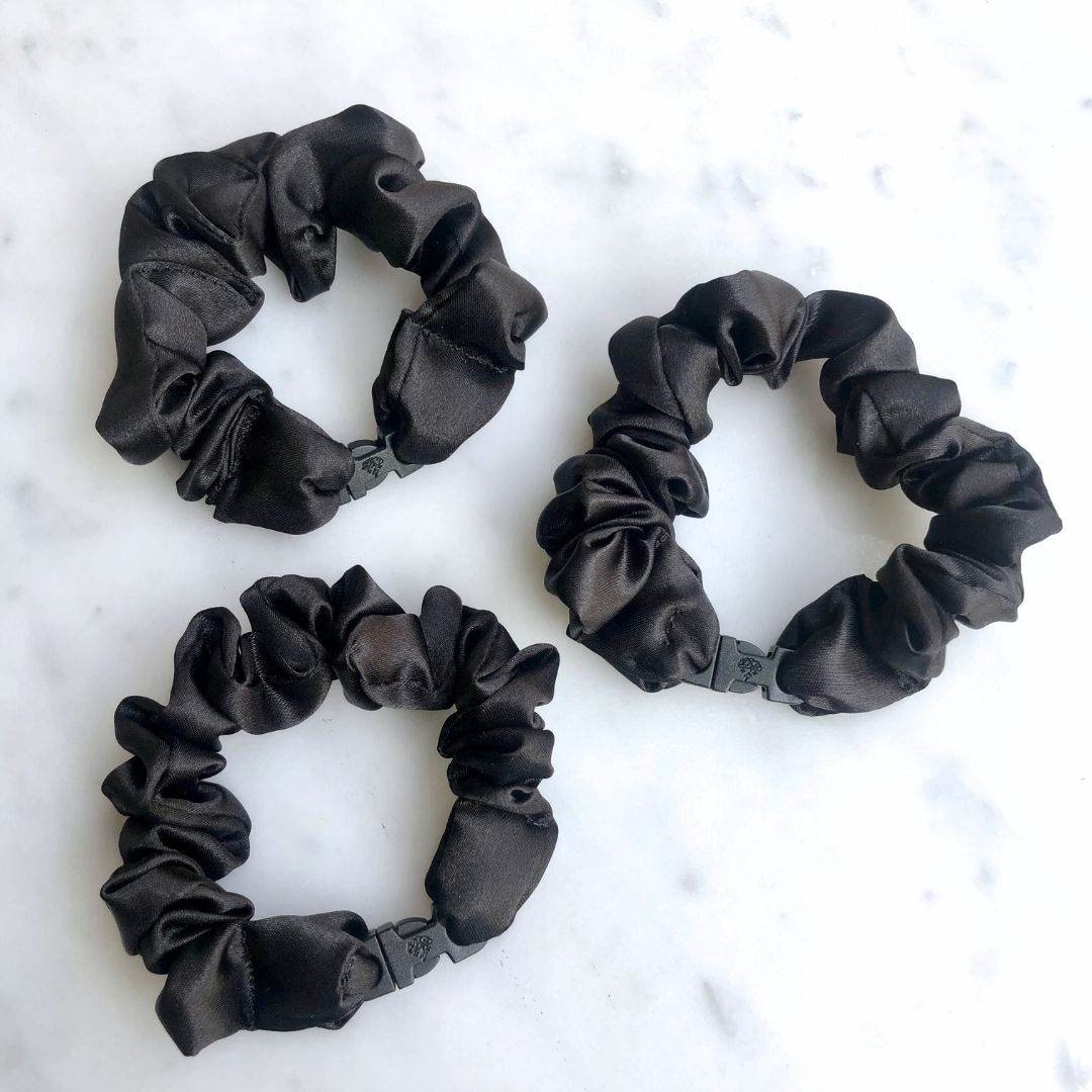 Best hair tie elastics and scrunchie hair accessories for snag-free, pull-free, rip-free, hair. Smooth, effortless hair ties and hair scrunchies for athletes, active moms, fitness, &amp; sports. Best Small Hair Ties - Buckle Scrunchies