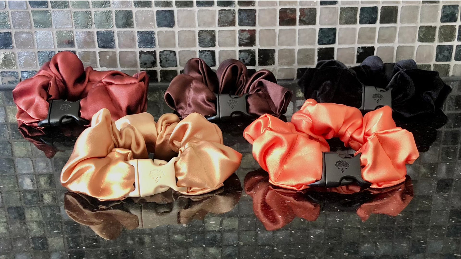 Best hair tie elastics and scrunchie hair accessories for snag-free, pull-free, rip-free, hair. Smooth, effortless hair ties and hair scrunchies for athletes, active moms, fitness, &amp; sports. Fall Buckle Scrunchies - Buckle Scrunchies