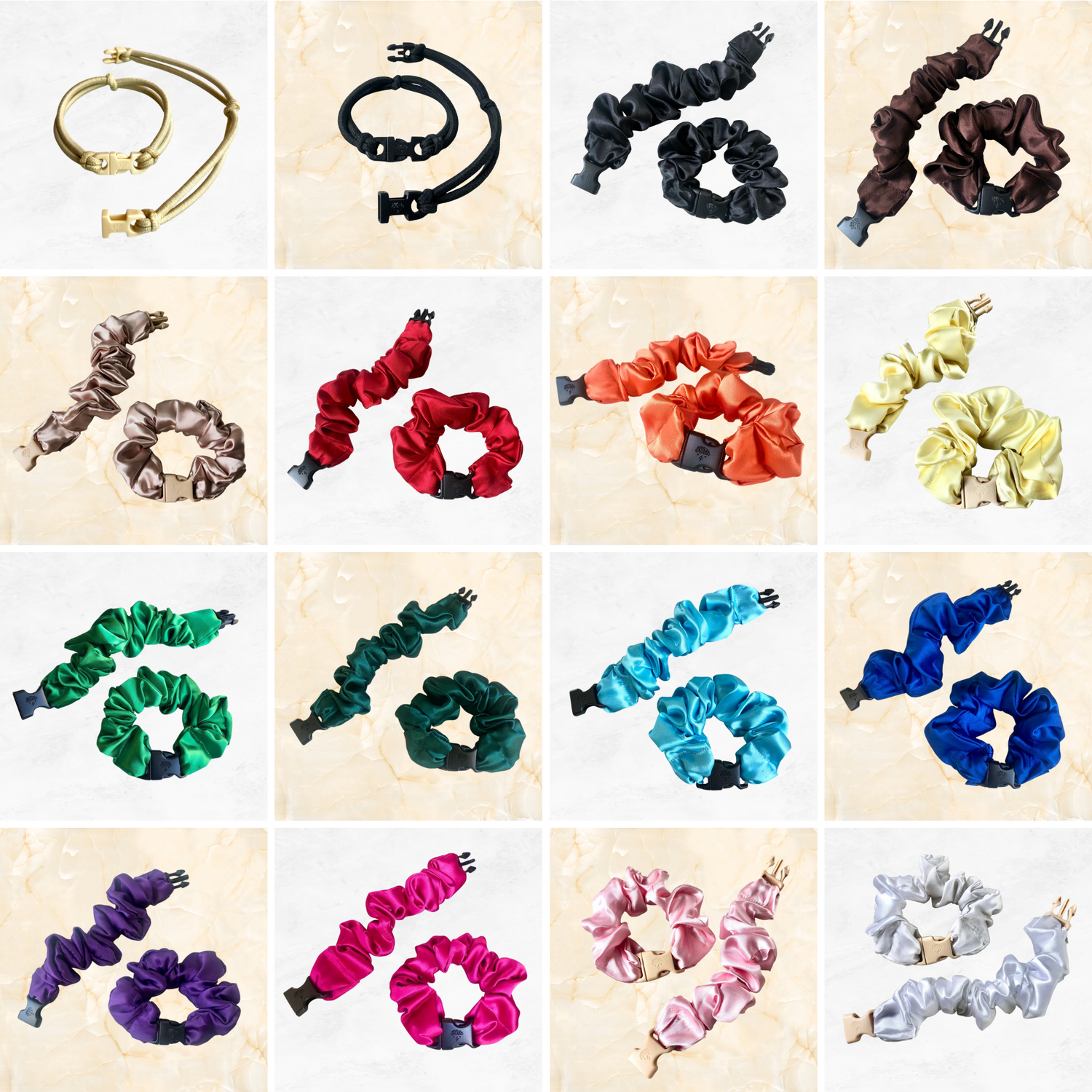 Best hair tie elastics and scrunchie hair accessories for snag-free, pull-free, rip-free, hair. Smooth, effortless hair ties and hair scrunchies for athletes, active moms, fitness, &amp; sports. Best Unique Gifts for Women - Buckle Scrunchies