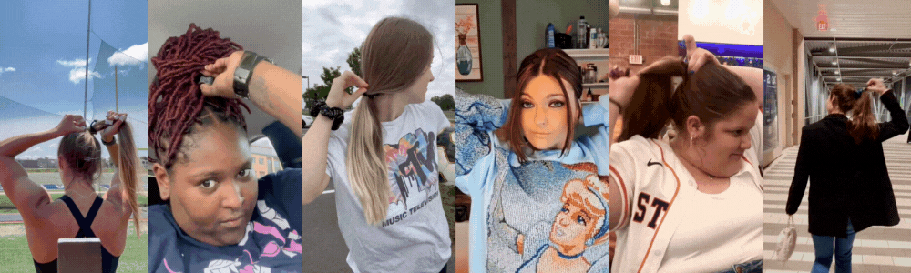 Marching Band Scrunchies & Hair Ties: Collage of customers wearing Buckle Scrunchies in ponytails, buns, and half-up styles