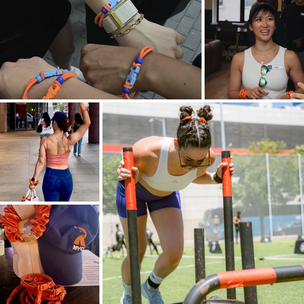 Softball gifts: Collage of gymnasts and athletes wearing orange Buckle Scrunchies