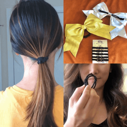 Bow scrunchies: Woman with a long dark ponytail beside a yellow hair bow