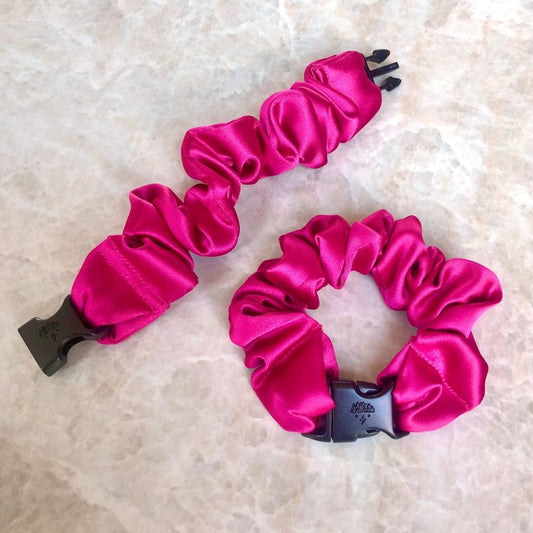 Best hair tie elastics and scrunchie hair accessories for snag-free, pull-free, rip-free, hair. Smooth, effortless hair ties and hair scrunchies for athletes, active moms, fitness, & sports. Buckle Scrunchie - Vibrant Solid Colors - No Snagging, No Tangles Hot Pink Recycled Satin Standard (1.25 to 1.5 inch thickness)