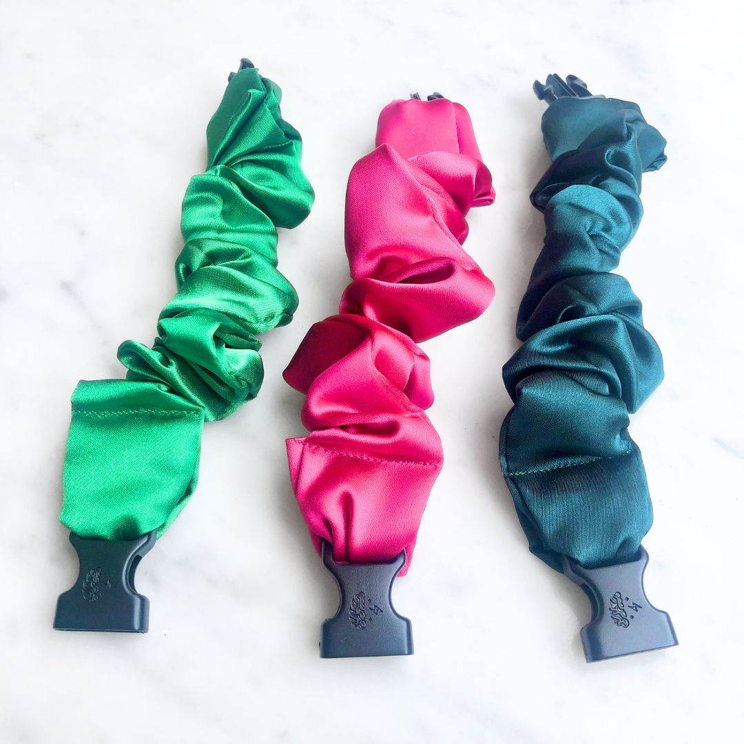 Best hair tie elastics and scrunchie hair accessories for snag-free, pull-free, rip-free, hair. Smooth, effortless hair ties and hair scrunchies for athletes, active moms, fitness, & sports. Watermelon Mix - 3-Pack Vibrant Buckle Scrunchies Bundle - No Snagging, No Tangles