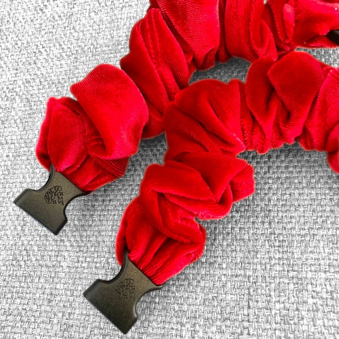 Best hair tie elastics and scrunchie hair accessories for snag-free, pull-free, rip-free, hair. Smooth, effortless hair ties and hair scrunchies for athletes, active moms, fitness, & sports. Scarlet Red Velvet Buckle Scrunchie - No Snagging, No Tangles
