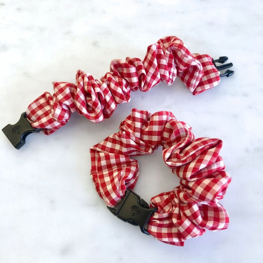 Best hair tie elastics and scrunchie hair accessories for snag-free, pull-free, rip-free, hair. Smooth, effortless hair ties and hair scrunchies for athletes, active moms, fitness, & sports. Gingham Red Buckle Scrunchie - No Snagging, No Tangles Gingham Red