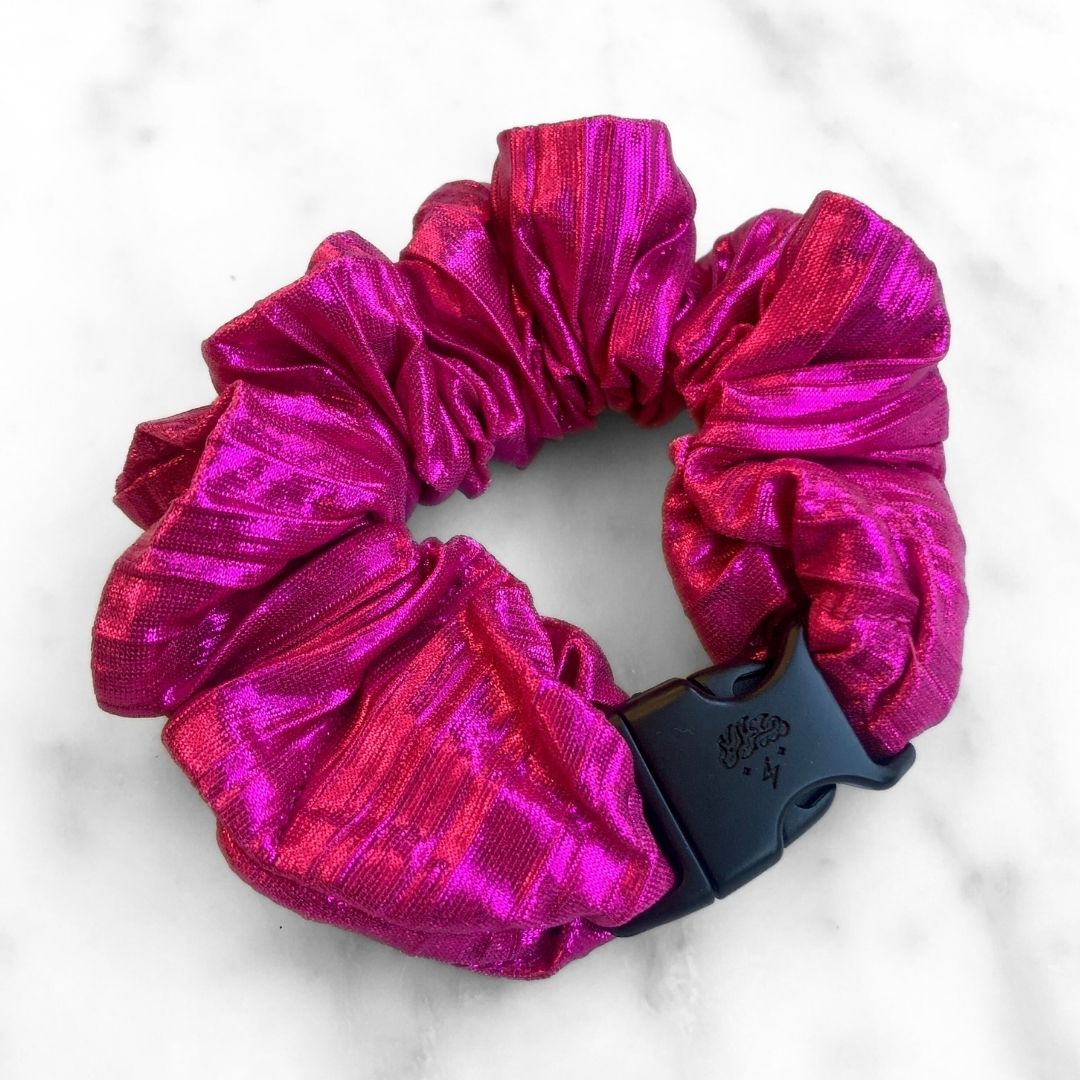 Best hair tie elastics and scrunchie hair accessories for snag-free, pull-free, rip-free, hair. Smooth, effortless hair ties and hair scrunchies for athletes, active moms, fitness, & sports. Metallic Mermaid Magenta Buckle Scrunchie - No Snagging, No Tangles