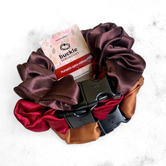 Best hair tie elastics and scrunchie hair accessories for snag-free, pull-free, rip-free, hair. Smooth, effortless hair ties and hair scrunchies for athletes, active moms, fitness, & sports. Fall Essentials - 3-Pack Autumn Halloween Buckle Scrunchies - No Snagging, No Tangles Satin Standard (1.25 to 1.5 inch thickness)