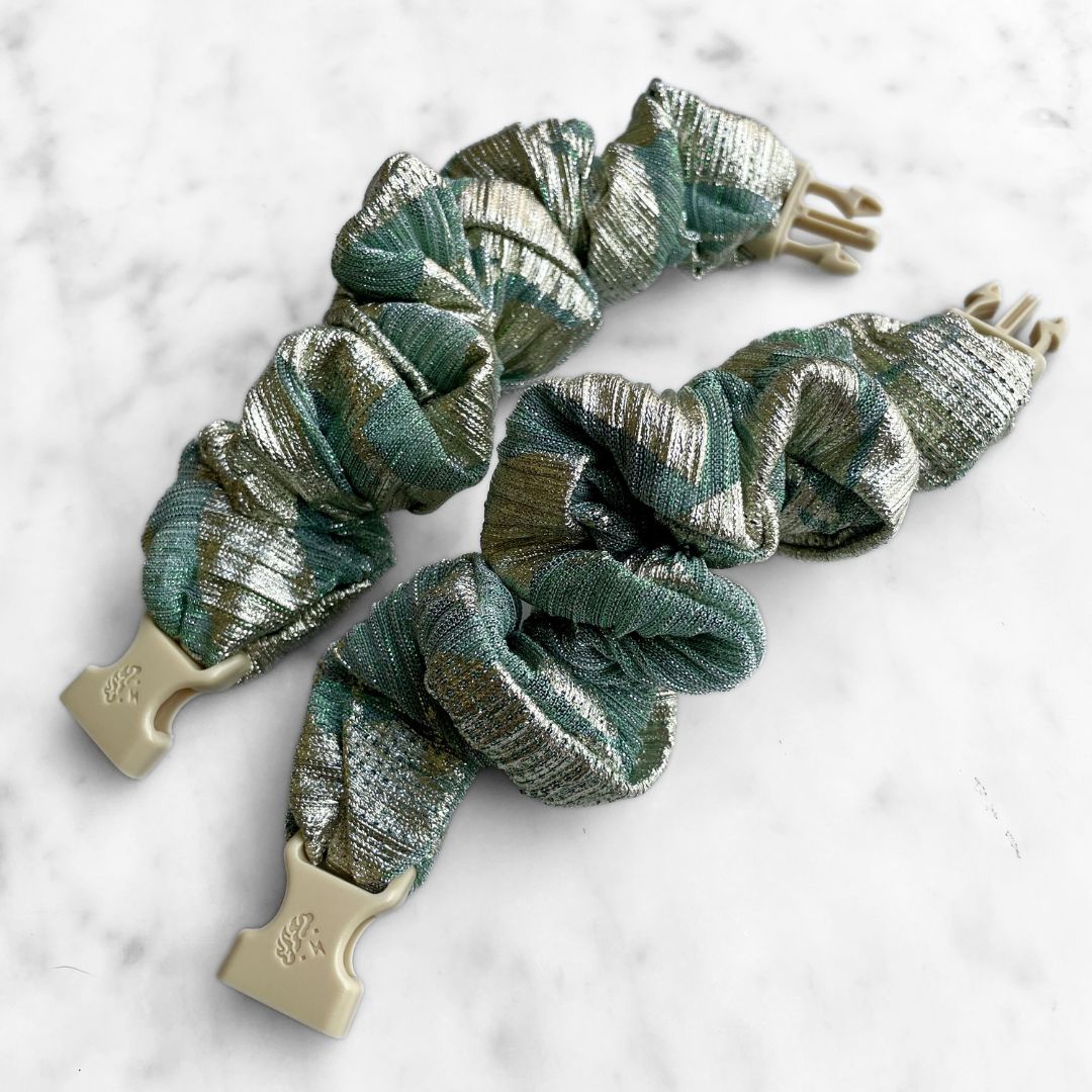 Best zero tangle no pull hair tie elastics and scrunchie hair accessories for snag-free, pull-free, rip-free, hair. Smooth, effortless hair ties and hair scrunchies for athletes, active moms, fitness, & sports. Gilded Sage Buckle Scrunchie - No Snagging, No Tangles
