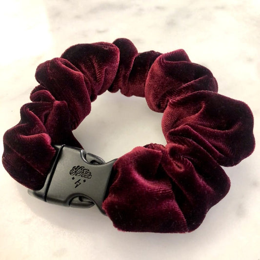Best hair tie elastics and scrunchie hair accessories for snag-free, pull-free, rip-free, hair. Smooth, effortless hair ties and hair scrunchies for athletes, active moms, fitness, & sports. Holiday Bordeaux Velvet Buckle Scrunchie - No Snagging, No Tangles Holiday Bordeaux Recycled Velvet Standard (1.25 to 1.5 inch thickness)