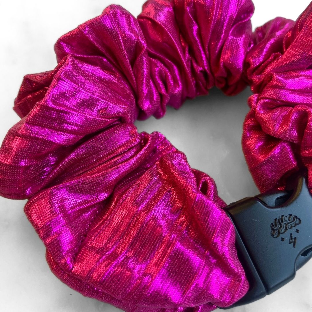 Best hair tie elastics and scrunchie hair accessories for snag-free, pull-free, rip-free, hair. Smooth, effortless hair ties and hair scrunchies for athletes, active moms, fitness, & sports. Metallic Mermaid Magenta Buckle Scrunchie - No Snagging, No Tangles