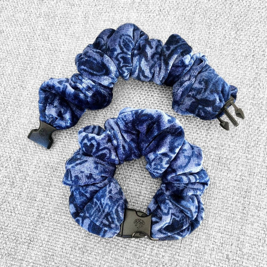 Best hair tie elastics and scrunchie hair accessories for snag-free, pull-free, rip-free, hair. Smooth, effortless hair ties and hair scrunchies for athletes, active moms, fitness, & sports. Blue Sweater Velvet JUMBO Buckle Scrunchie - No Snagging, No Tangles Blue Sweater Recycled Velvet Jumbo (2 to 2.5 inch thickness)