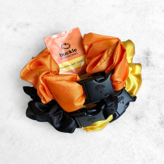 Best hair tie elastics and scrunchie hair accessories for snag-free, pull-free, rip-free, hair. Smooth, effortless hair ties and hair scrunchies for athletes, active moms, fitness, & sports. Trick or Treat Halloween Bundle - 3-Pack Fall Buckle Scrunchies - No Snagging, No Tangles Satin Standard (1.25 to 1.5 inch thickness)