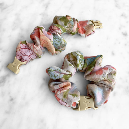 Best zero tangle no pull hair tie elastics and scrunchie hair accessories for snag-free, pull-free, rip-free, hair. Smooth, effortless hair ties and hair scrunchies for athletes, active moms, fitness, & sports. Wildflower Field Floral Chiffon Buckle Scrunchie - No Snagging, No Tangles Wildflower Field Recycled Chiffon