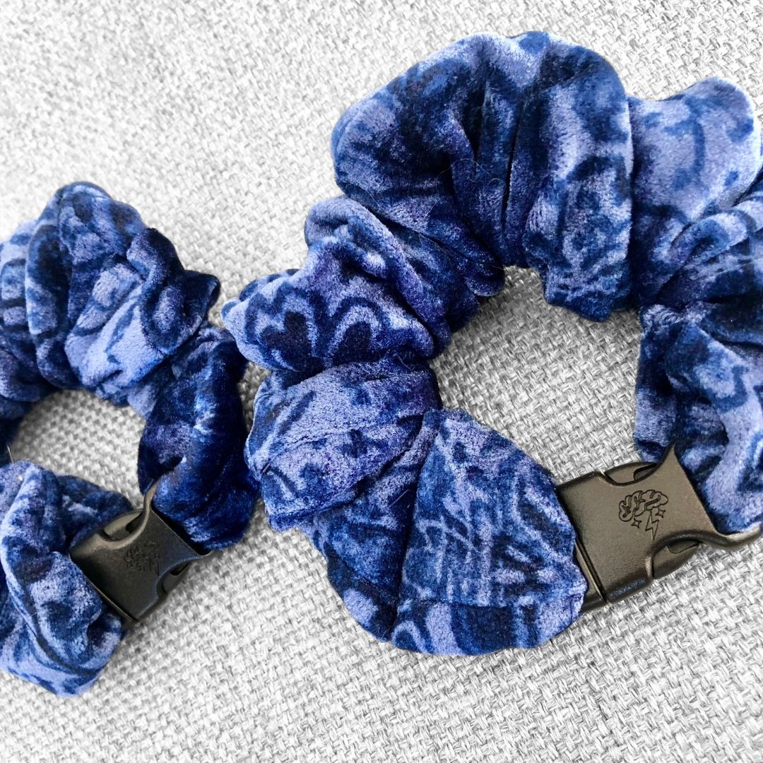 Best hair tie elastics and scrunchie hair accessories for snag-free, pull-free, rip-free, hair. Smooth, effortless hair ties and hair scrunchies for athletes, active moms, fitness, & sports. Blue Sweater Velvet JUMBO Buckle Scrunchie - No Snagging, No Tangles