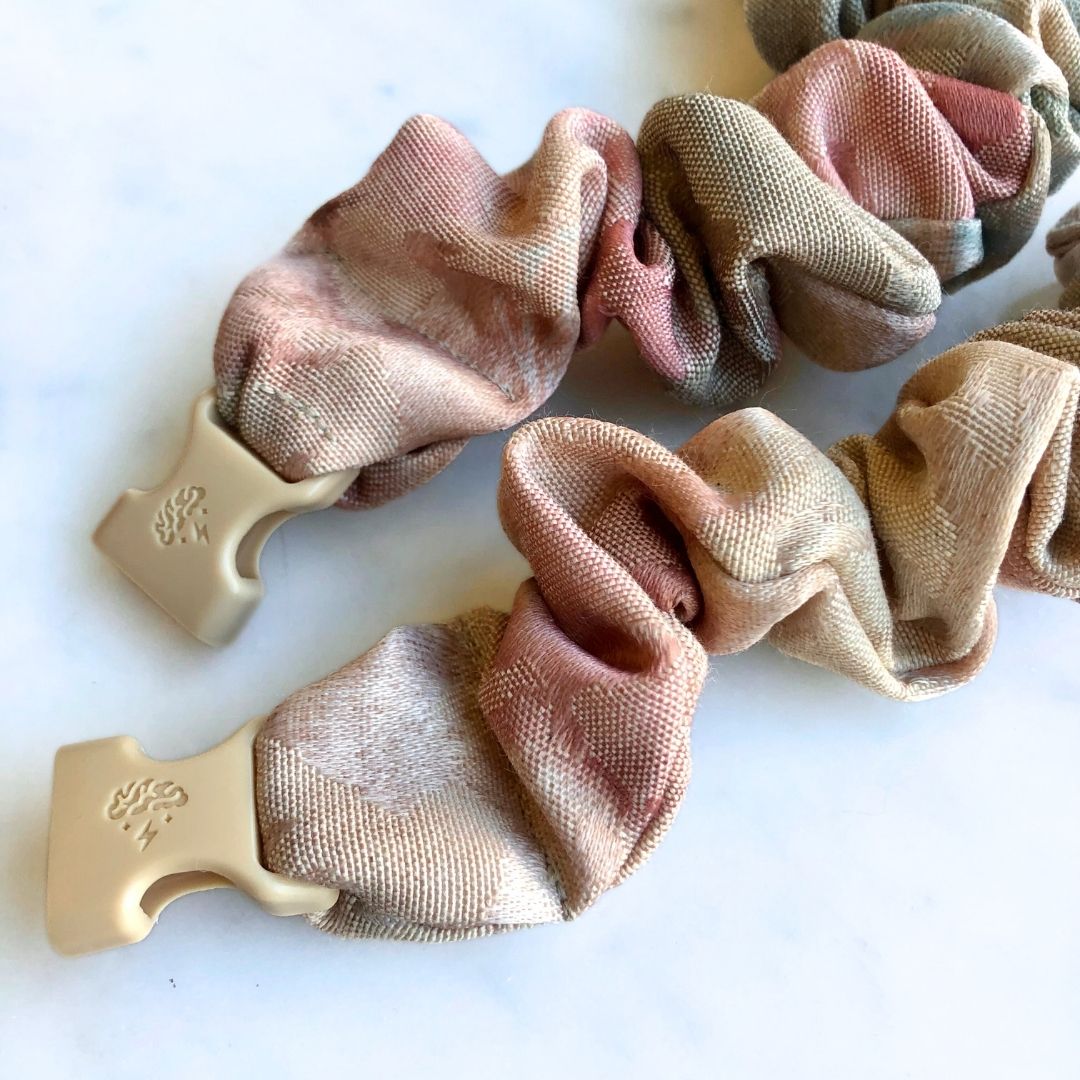 Best hair tie elastics and scrunchie hair accessories for snag-free, pull-free, rip-free, hair. Smooth, effortless hair ties and hair scrunchies for athletes, active moms, fitness, & sports. Vintage Floral Buckle Scrunchie - No Snagging, No Tangles