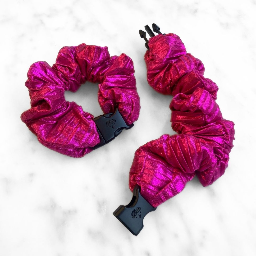 Best hair tie elastics and scrunchie hair accessories for snag-free, pull-free, rip-free, hair. Smooth, effortless hair ties and hair scrunchies for athletes, active moms, fitness, & sports. Metallic Mermaid Magenta Buckle Scrunchie - No Snagging, No Tangles