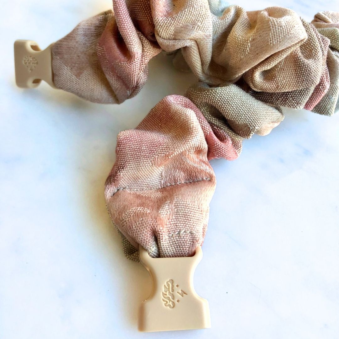 Best hair tie elastics and scrunchie hair accessories for snag-free, pull-free, rip-free, hair. Smooth, effortless hair ties and hair scrunchies for athletes, active moms, fitness, & sports. Vintage Floral Buckle Scrunchie - No Snagging, No Tangles