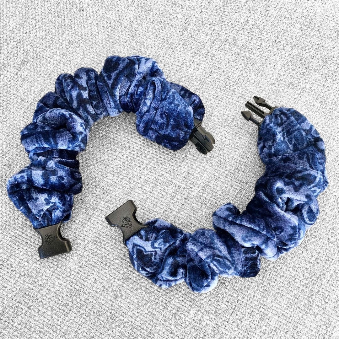Best hair tie elastics and scrunchie hair accessories for snag-free, pull-free, rip-free, hair. Smooth, effortless hair ties and hair scrunchies for athletes, active moms, fitness, & sports. Blue Sweater Velvet JUMBO Buckle Scrunchie - No Snagging, No Tangles