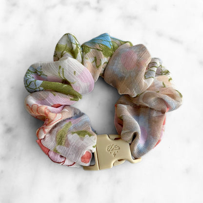 Best zero tangle no pull hair tie elastics and scrunchie hair accessories for snag-free, pull-free, rip-free, hair. Smooth, effortless hair ties and hair scrunchies for athletes, active moms, fitness, & sports. Wildflower Field Floral Chiffon Buckle Scrunchie - No Snagging, No Tangles