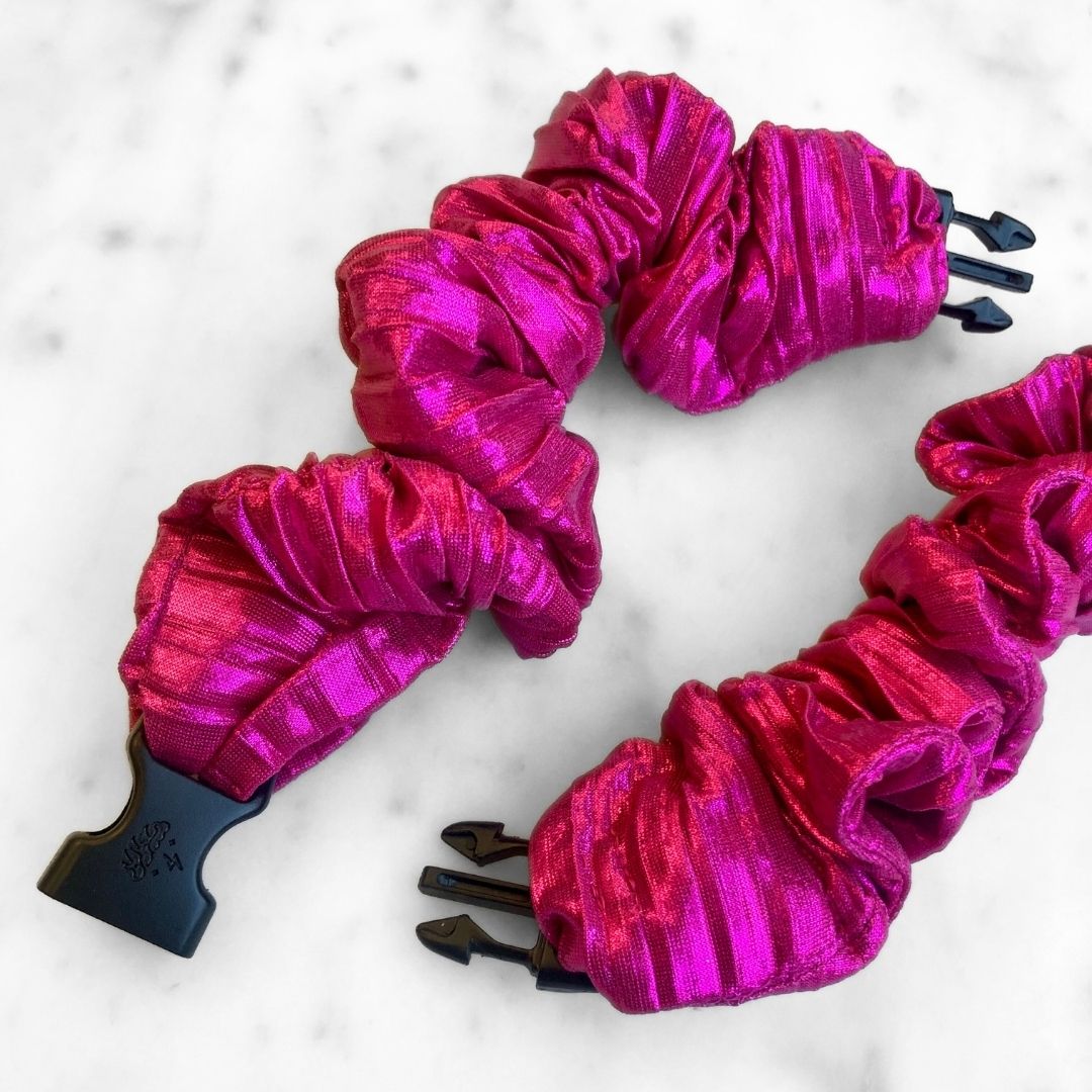 Best hair tie elastics and scrunchie hair accessories for snag-free, pull-free, rip-free, hair. Smooth, effortless hair ties and hair scrunchies for athletes, active moms, fitness, & sports. Metallic Mermaid Magenta Buckle Scrunchie - No Snagging, No Tangles