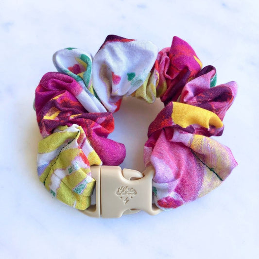 Best hair tie elastics and scrunchie hair accessories for snag-free, pull-free, rip-free, hair. Smooth, effortless hair ties and hair scrunchies for athletes, active moms, fitness, & sports. Watercolor Spring Buckle Scrunchie - No Snagging, No Tangles