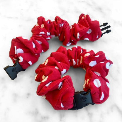 Best zero tangle no pull hair tie elastics and scrunchie hair accessories for snag-free, pull-free, rip-free, hair. Smooth, effortless hair ties and hair scrunchies for athletes, active moms, fitness, & sports. Retro Polka Dot Red Buckle Scrunchie - No Snagging, No Tangles Polka Dot Red Recycled Cotton Standard (1.25 to 1.5 inch thickness)