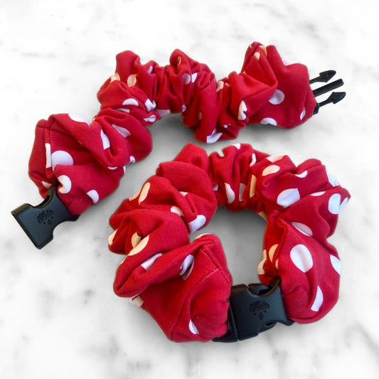 Best hair tie elastics and scrunchie hair accessories for snag-free, pull-free, rip-free, hair. Smooth, effortless hair ties and hair scrunchies for athletes, active moms, fitness, & sports. Retro Polka Dot Red Buckle Scrunchie - No Snagging, No Tangles Polka Dot Red Recycled Cotton Standard (1.25 to 1.5 inch thickness)