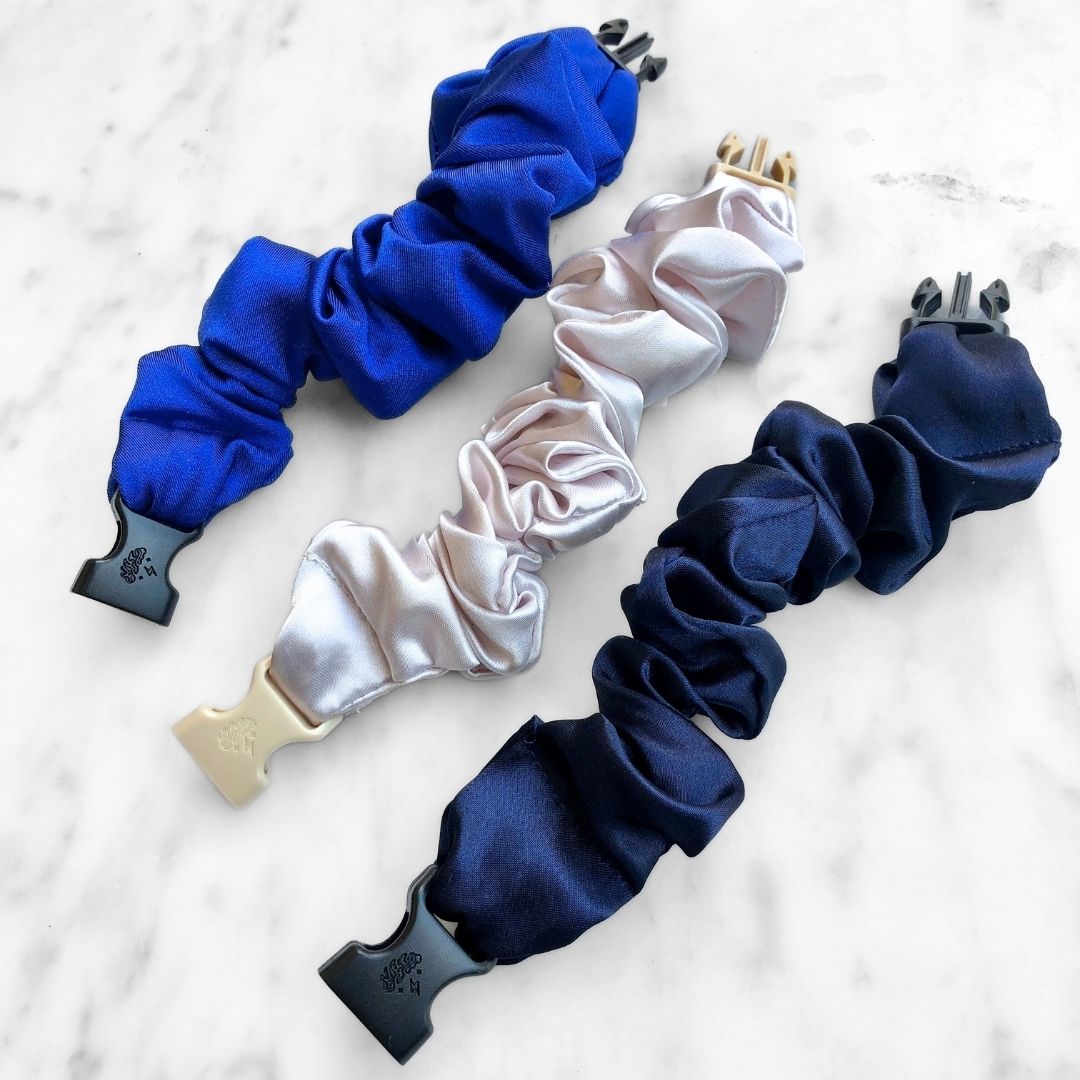 Best hair tie elastics and scrunchie hair accessories for snag-free, pull-free, rip-free, hair. Smooth, effortless hair ties and hair scrunchies for athletes, active moms, fitness, & sports. Winter Wonderland Bundle - 3-Pack Hanukkah Holiday Buckle Scrunchies - No Snagging, No Tangles