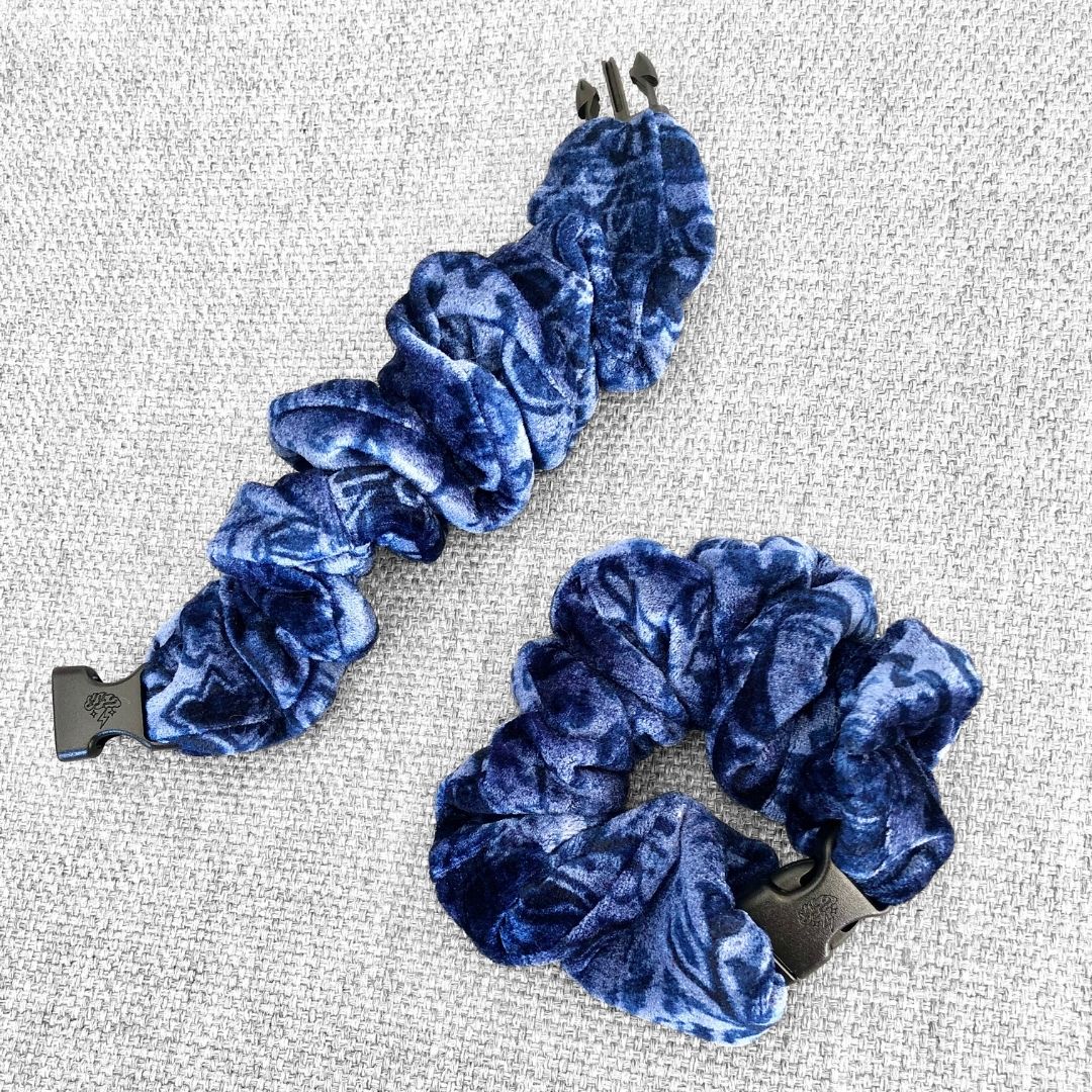 Best hair tie elastics and scrunchie hair accessories for snag-free, pull-free, rip-free, hair. Smooth, effortless hair ties and hair scrunchies for athletes, active moms, fitness, & sports. Blue Sweater Velvet JUMBO Buckle Scrunchie - No Snagging, No Tangles