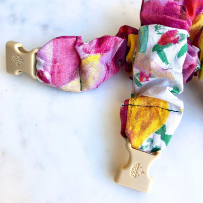 Best zero tangle no pull hair tie elastics and scrunchie hair accessories for snag-free, pull-free, rip-free, hair. Smooth, effortless hair ties and hair scrunchies for athletes, active moms, fitness, & sports. Watercolor Spring Buckle Scrunchie - No Snagging, No Tangles