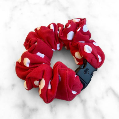 Best zero tangle no pull hair tie elastics and scrunchie hair accessories for snag-free, pull-free, rip-free, hair. Smooth, effortless hair ties and hair scrunchies for athletes, active moms, fitness, & sports. Retro Polka Dot Red Buckle Scrunchie - No Snagging, No Tangles