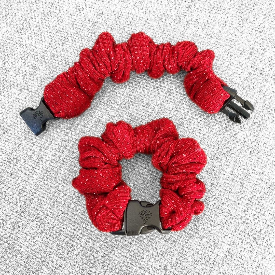 Best hair tie elastics and scrunchie hair accessories for snag-free, pull-free, rip-free, hair. Smooth, effortless hair ties and hair scrunchies for athletes, active moms, fitness, & sports. Tango Red Sparkles Buckle Scrunchie - No Snagging, No Tangles