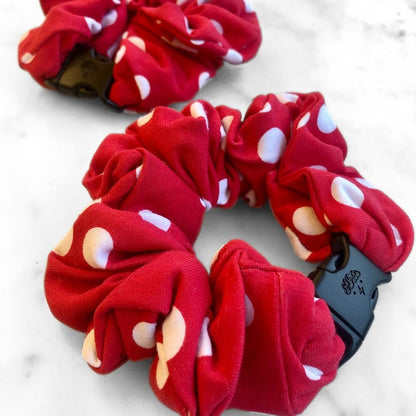 Best zero tangle no pull hair tie elastics and scrunchie hair accessories for snag-free, pull-free, rip-free, hair. Smooth, effortless hair ties and hair scrunchies for athletes, active moms, fitness, & sports. Retro Polka Dot Red Buckle Scrunchie - No Snagging, No Tangles