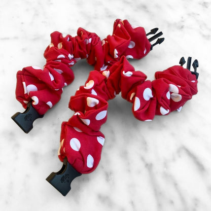 Best zero tangle no pull hair tie elastics and scrunchie hair accessories for snag-free, pull-free, rip-free, hair. Smooth, effortless hair ties and hair scrunchies for athletes, active moms, fitness, & sports. Retro Polka Dot Red Buckle Scrunchie - No Snagging, No Tangles