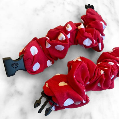 Best zero tangle no pull hair tie elastics and scrunchie hair accessories for snag-free, pull-free, rip-free, hair. Smooth, effortless hair ties and hair scrunchies for athletes, active moms, fitness, & sports. Retro Polka Dot Red Buckle Scrunchie - No Snagging, No Tangles