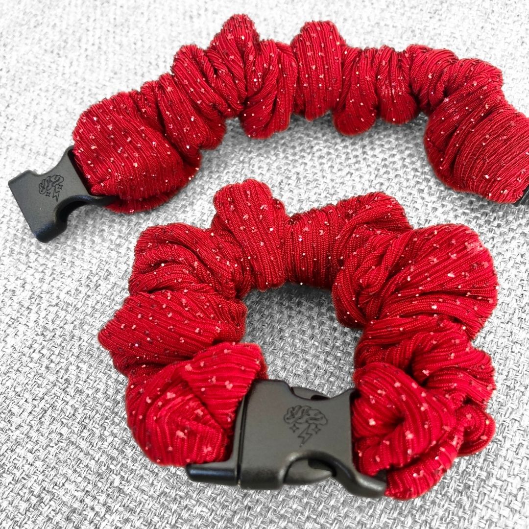 Best hair tie elastics and scrunchie hair accessories for snag-free, pull-free, rip-free, hair. Smooth, effortless hair ties and hair scrunchies for athletes, active moms, fitness, & sports. Tango Red Sparkles Buckle Scrunchie - No Snagging, No Tangles