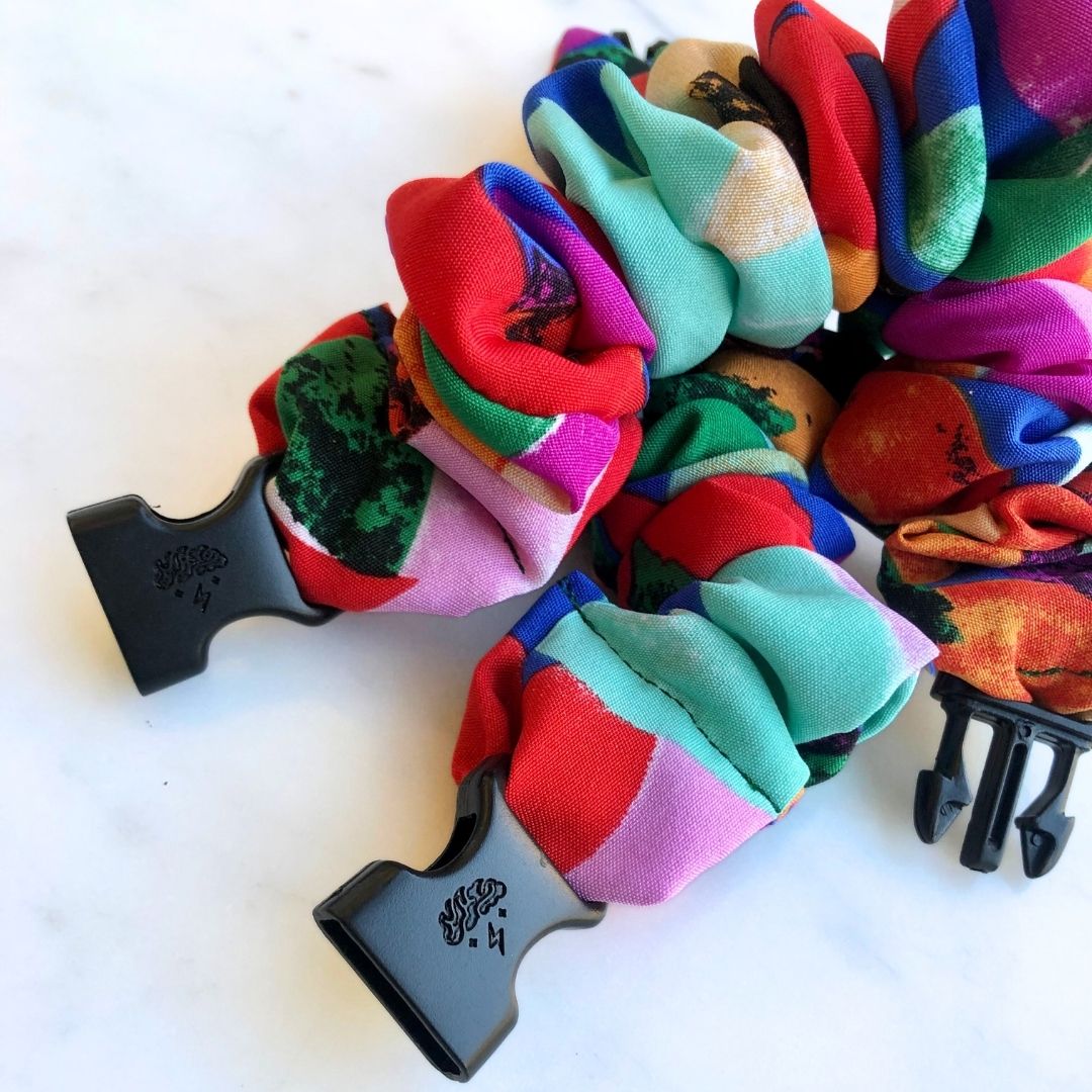 Best hair tie elastics and scrunchie hair accessories for snag-free, pull-free, rip-free, hair. Smooth, effortless hair ties and hair scrunchies for athletes, active moms, fitness, & sports. Tropical Floral Buckle Scrunchie - No Snagging, No Tangles