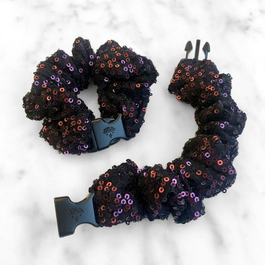 Best hair tie elastics and scrunchie hair accessories for snag-free, pull-free, rip-free, hair. Smooth, effortless hair ties and hair scrunchies for athletes, active moms, fitness, & sports. Punk Fuchsia Sequin Buckle Scrunchie - No Snagging, No Tangles Punk Fuchsia Recycled Polyblend Standard (1.25 to 1.5 inch thickness)