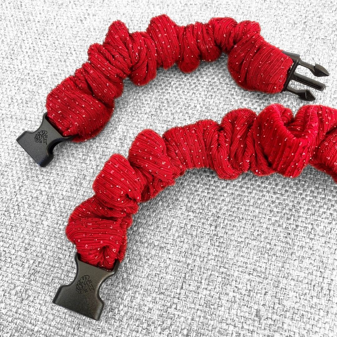 Best hair tie elastics and scrunchie hair accessories for snag-free, pull-free, rip-free, hair. Smooth, effortless hair ties and hair scrunchies for athletes, active moms, fitness, & sports. Tango Red Sparkles Buckle Scrunchie - No Snagging, No Tangles