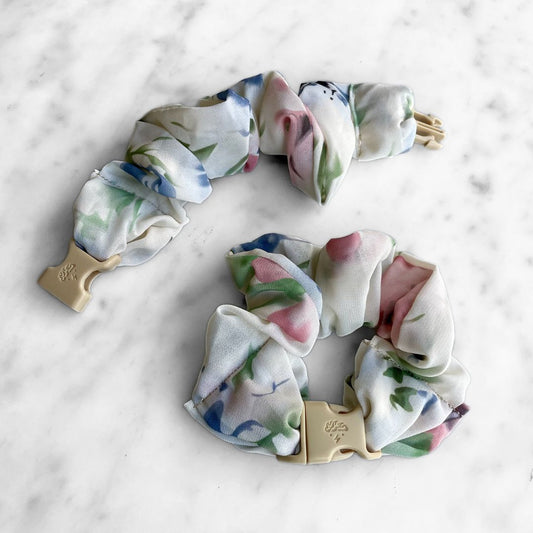 Best zero tangle no pull hair tie elastics and scrunchie hair accessories for snag-free, pull-free, rip-free, hair. Smooth, effortless hair ties and hair scrunchies for athletes, active moms, fitness, & sports. Sunday Bonnet Floral Chiffon Buckle Scrunchie - No Snagging, No Tangles Sunday Bonnet Recycled Chiffon