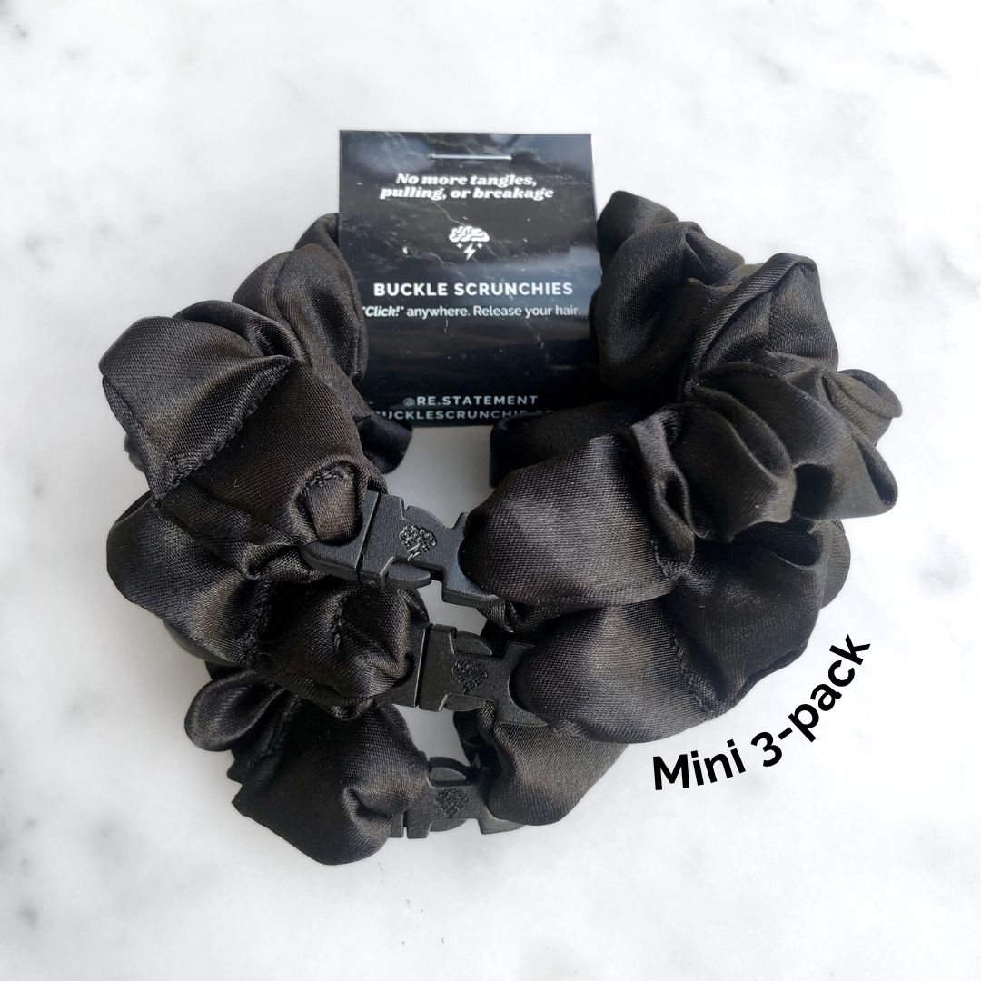 Best hair tie elastics and scrunchie hair accessories for snag-free, pull-free, rip-free, hair. Smooth, effortless hair ties and hair scrunchies for athletes, active moms, fitness, & sports. MINI 3-Pack Neutral Buckle Scrunchies Bundle - No Snagging, No Tangles Industrial Black Recycled Satin Mini (0.5 to 0.7 inch thickness)