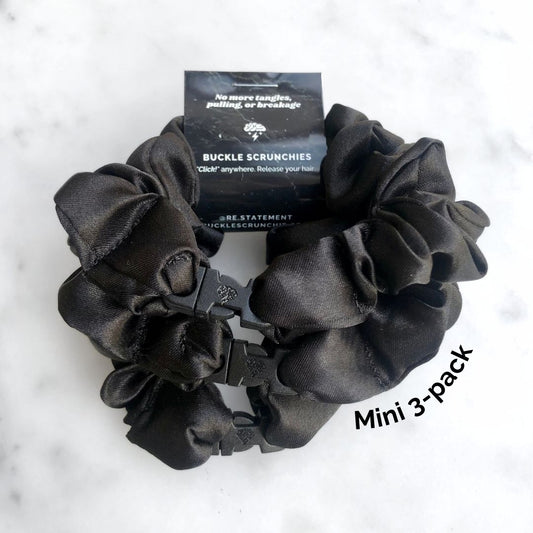 Best hair tie elastics and scrunchie hair accessories for snag-free, pull-free, rip-free, hair. Smooth, effortless hair ties and hair scrunchies for athletes, active moms, fitness, & sports. MINI 3-Pack Neutral Buckle Scrunchies Bundle - No Snagging, No Tangles Industrial Black Recycled Satin Mini (0.5 to 0.7 inch thickness)