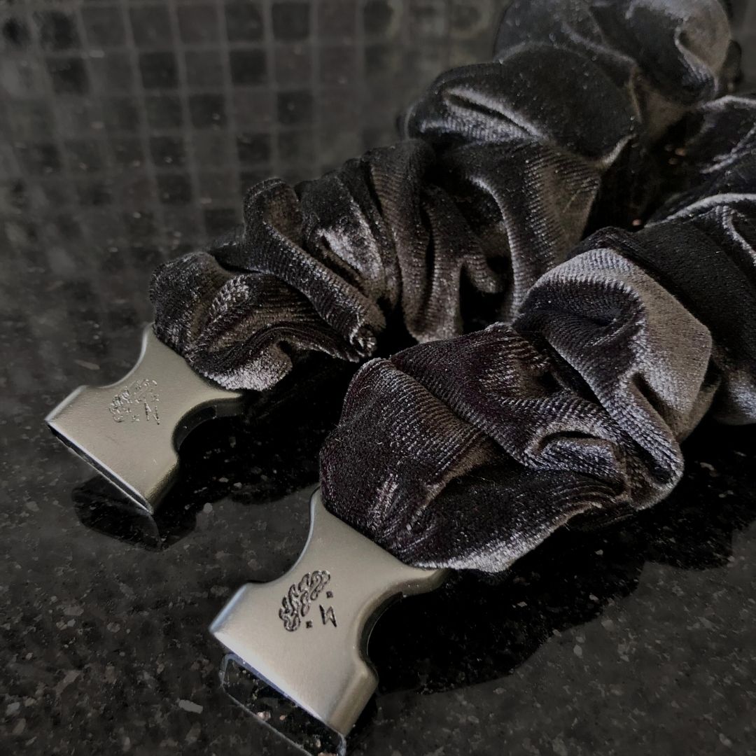 Best hair tie elastics and scrunchie hair accessories for snag-free, pull-free, rip-free, hair. Smooth, effortless hair ties and hair scrunchies for athletes, active moms, fitness, & sports. Black Velvet Buckle Scrunchie - No Snagging, No Tangles Velvet Black Recycled Velvet