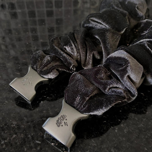 Best hair tie elastics and scrunchie hair accessories for snag-free, pull-free, rip-free, hair. Smooth, effortless hair ties and hair scrunchies for athletes, active moms, fitness, & sports. Black Velvet Buckle Scrunchie - No Snagging, No Tangles Velvet Black Recycled Velvet