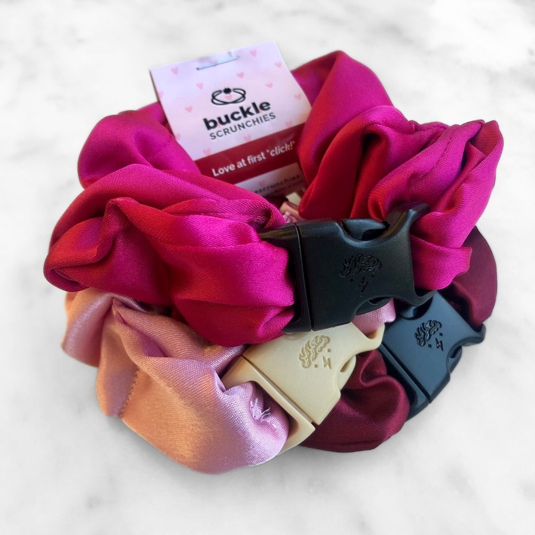Best hair tie elastics and scrunchie hair accessories for snag-free, pull-free, rip-free, hair. Smooth, effortless hair ties and hair scrunchies for athletes, active moms, fitness, & sports. Valentine's Day Gift Set Bundle - 3-Pack Buckle Scrunchies - No Snagging, No Tangles Satin Standard (1.25 to 1.5 inch thickness)