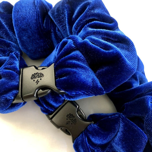 Best hair tie elastics and scrunchie hair accessories for snag-free, pull-free, rip-free, hair. Smooth, effortless hair ties and hair scrunchies for athletes, active moms, fitness, & sports. Sapphire Blue Velvet Buckle Scrunchie - No Snagging, No Tangles Sapphire Blue Recycled Velvet Standard (1.25 to 1.5 inch thickness)