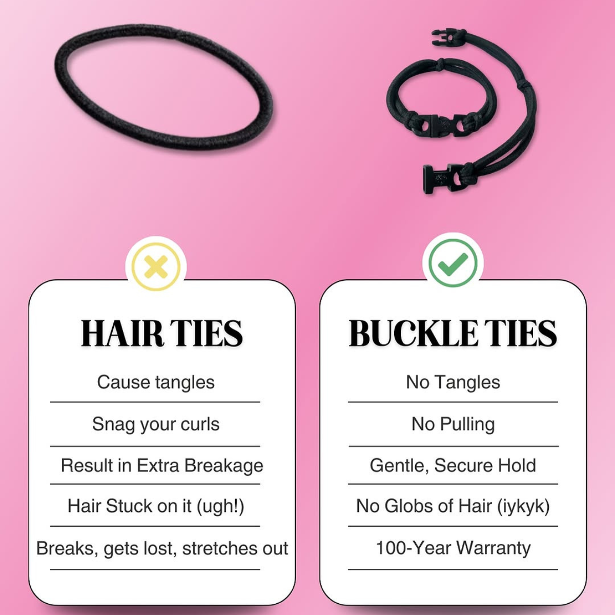 Best hair tie elastics and scrunchie hair accessories for snag-free, pull-free, rip-free, hair. Smooth, effortless hair ties and hair scrunchies for athletes, active moms, fitness, & sports. Buckle Hair Tie Elastics - No Snagging, No Tangles