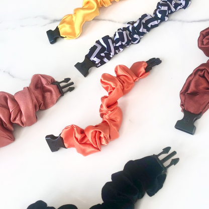 Best zero tangle no pull hair tie elastics and scrunchie hair accessories for snag-free, pull-free, rip-free, hair. Smooth, effortless hair ties and hair scrunchies for athletes, active moms, fitness, & sports. Warm Collection Buckle Scrunchies - No Snagging, No Tangles