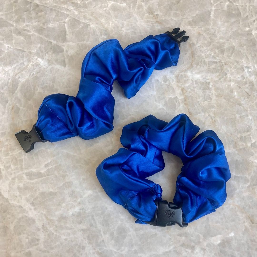 Best hair tie elastics and scrunchie hair accessories for snag-free, pull-free, rip-free, hair. Smooth, effortless hair ties and hair scrunchies for athletes, active moms, fitness, & sports. Buckle Scrunchie - Vibrant Solid Colors - No Snagging, No Tangles Bluest Blue Recycled Satin Standard (1.25 to 1.5 inch thickness)